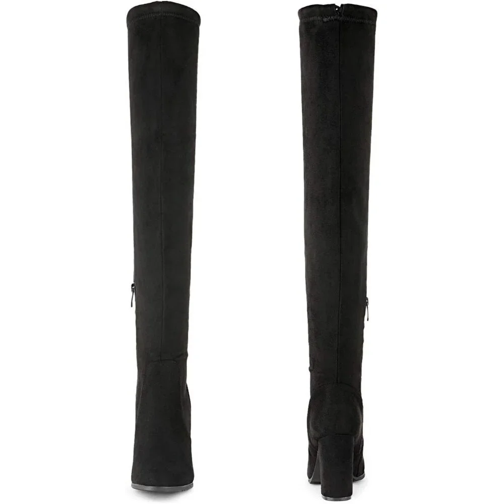 Women's Shoo-black Suede Thigh High Over The Knee Rounded Toe Fashion Boots